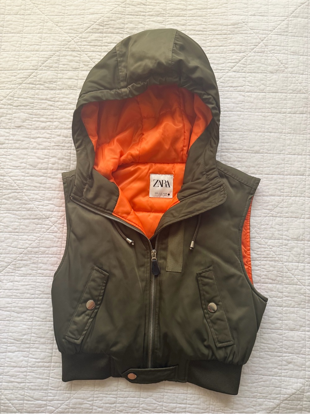 ZARA Olive Green Hooded Puffer Vest with Orange Lining